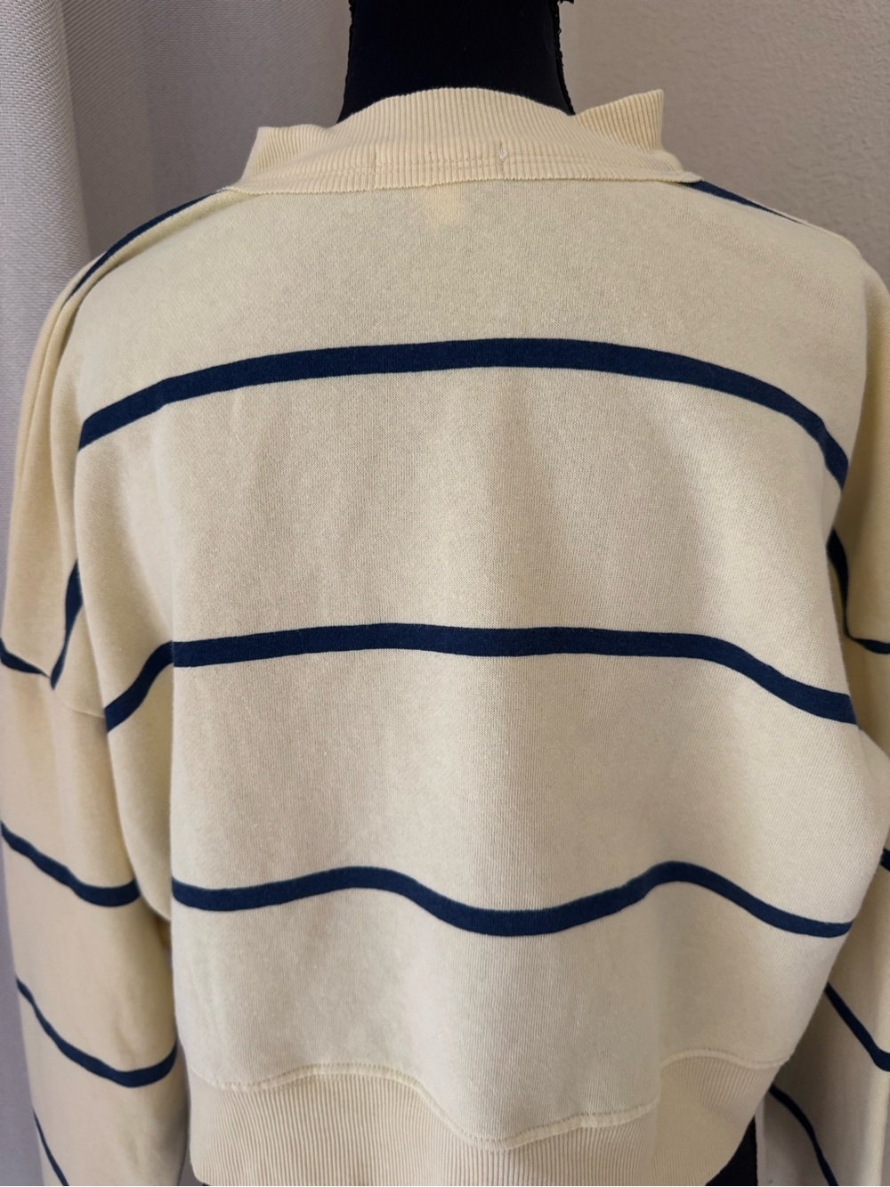 BP. Cream Navy Stripe Half Button Cropped Sweatshirt Pullover Size S - Picture 7 of 11